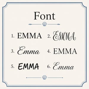 Puede incluir: Una tabla de selecci&oacute;n de fuentes sobre un fondo crema con un borde azul. La palabra Font est&aacute; centrada en la parte superior con un icono de concha. Seis opciones numeradas muestran el nombre EMMA en varias tipograf&iacute;as negras, de serif a script.