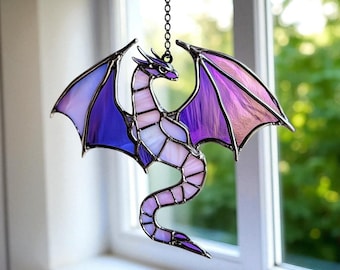 Custom Color Dragon Real Stained Glass Suncatcher, Handmade Glass Dragon Window Hanging, Gothic Decor Gift For Dragon Lovers