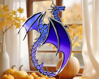 Dragon Real Stained Glass Suncatcher, Custom Glass Dragon, Handmade Fantasy Window Hanging, Gothic Glass Decor Gift For Dragon Lover
