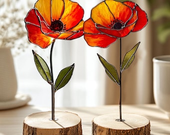 Poppy REAL Stained Glass Flowers - Set of August Birth Flower Gift, Glass Flower Decor, Indoor Botanical Art, Red Poppy Decor, Memorial Gift