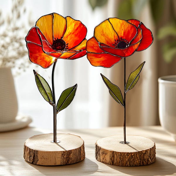 Poppy REAL Stained Glass Flowers - Set of August Birth Flower Gift, Glass Flower Decor, Indoor Botanical Art, Red Poppy Decor, Memorial Gift