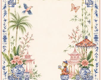 Tapete de mahjong estilo chinoiserie con monos, tapete de juego de jardín con pagoda rosa, jarrón de jengibre azul y blanco.