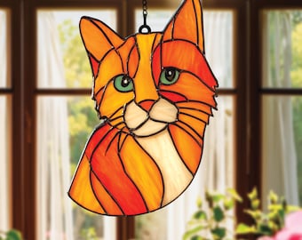 Orange Tabby Cat Real Stained Glass Suncatcher, Handmade Cat Window Hanging, Cute Glass Decor Gift For Cat Moms And Pet Lovers