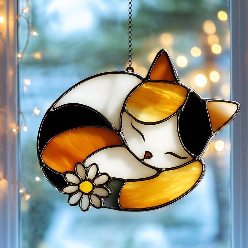 Sleeping Cat REAL Stained Glass Suncatcher With Daisy Flower, Calico ...