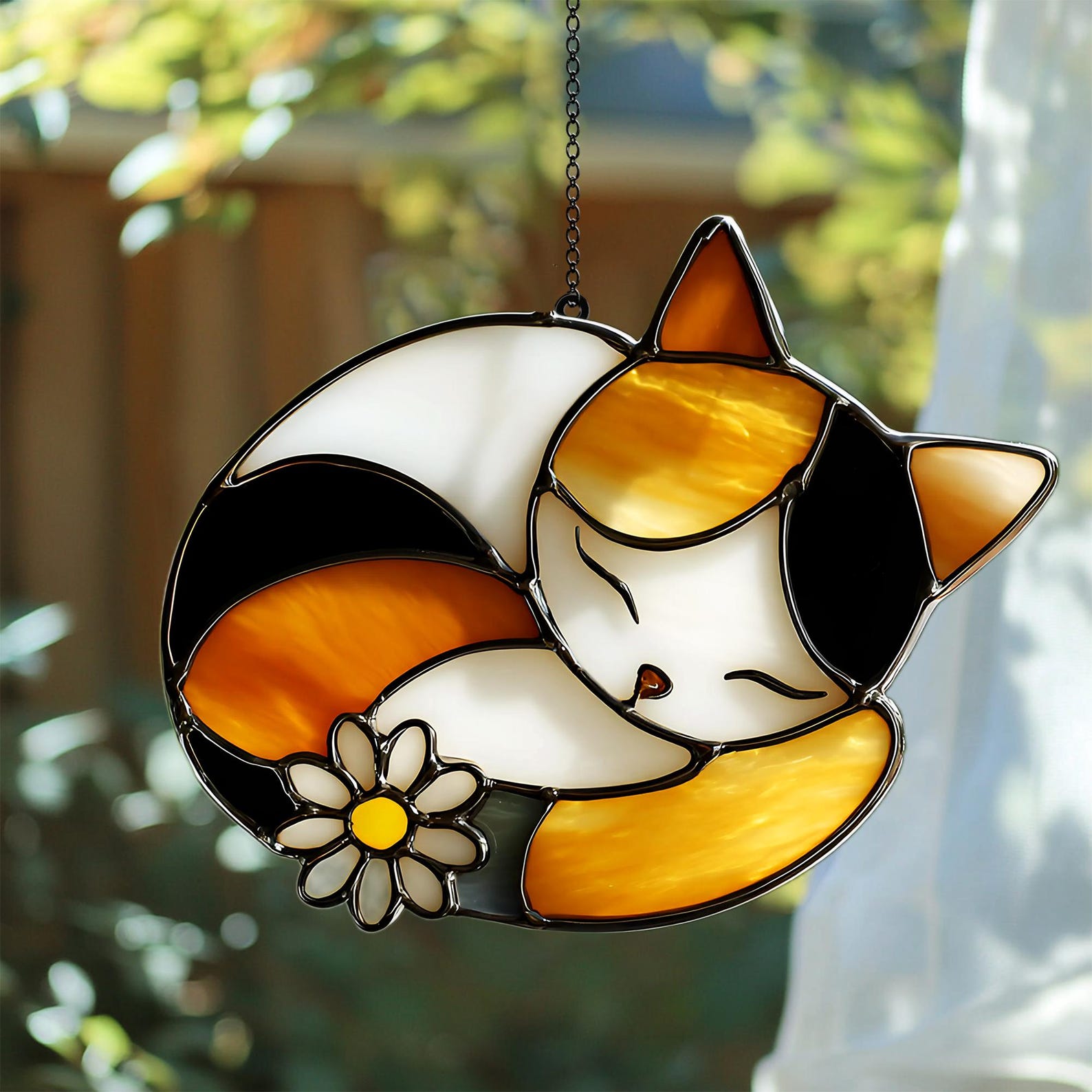 Sleeping Cat REAL Stained Glass Suncatcher With Daisy Flower, Calico ...