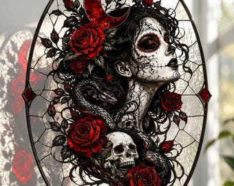 Attrape-soleil gothique en forme de tête de mort en sucre pour femme, tenture de faux vitrail, décoration sombre d'halloween académique, art gothique rose tête de mort