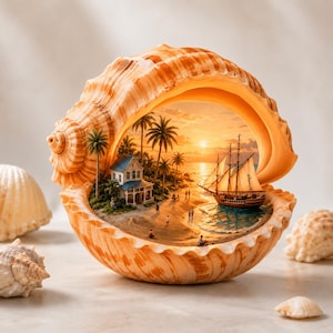 Puede incluir: Una gran concha abierta que revela una escena de playa en miniatura. La escena incluye una casa, palmeras, un velero y gente en la playa, todo bajo un cielo de atardecer. La concha es de color naranja cálido.
