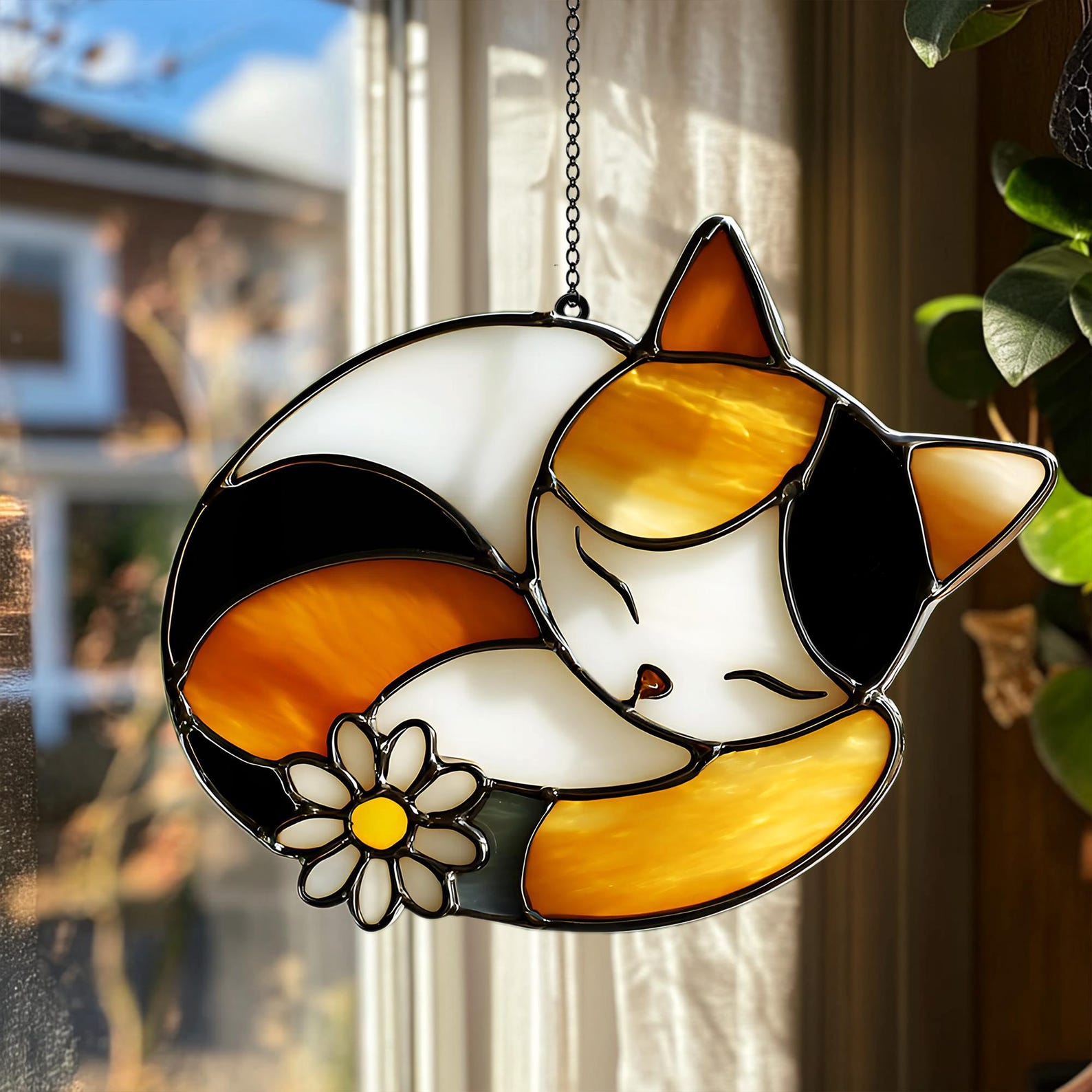 Sleeping Cat REAL Stained Glass Suncatcher With Daisy Flower, Calico ...