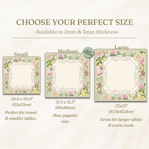 Puede incluir: Tres manteles cuadrados con estampado Ciao Bella de limones, flores y coches. Los tama&ntilde;os son 53x53cm, 80x80cm y 83,8x83,8cm. El texto dice Choose Your Perfect Size, Available in 2mm & 3mm thickness.