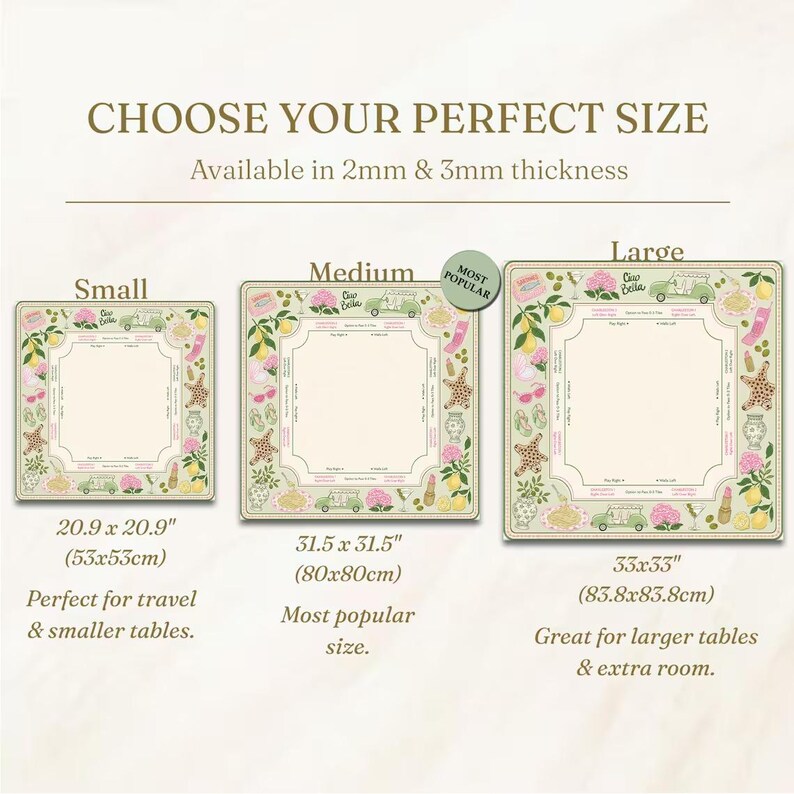 Puede incluir: Tres manteles cuadrados con estampado Ciao Bella de limones, flores y coches. Los tama&ntilde;os son 53x53cm, 80x80cm y 83,8x83,8cm. El texto dice Choose Your Perfect Size, Available in 2mm & 3mm thickness.