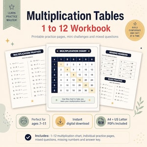 Könnte beinhalten: Ein Arbeitsheft für das Einmaleins von 1 bis 12 mit druckbaren Übungsseiten, kleinen Herausforderungen und gemischten Aufgaben. Das Dokument enthält eine Multiplikationstabelle, Lückentexte und mathematische Rechenaufgaben.
