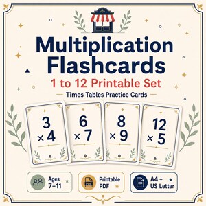 Könnte beinhalten: Ein Set von Multiplikations-Lernkarten mit dem Text Multiplication Flashcards 1 to 12 Printable Set Times Tables Practice Cards. Vier Karten zeigen Mathe-Gleichungen 3x4, 6x7, 8x9 und 12x5. Enthält Symbole für Alter 7-11, PDF und A4/US Letter Formate.