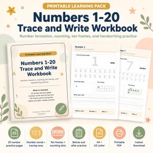 Numbers 1-20 Trace and Write Workbook Printable, Number Tracing Worksheets PDF, Preschool Kindergarten A4 US Letter