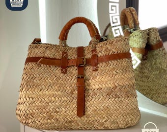 Bolso de paja marroquí con correa de cuero: bolso bohemio de mercado tejido a mano
