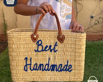 Handmade Woven Moroccan Market Basket with Leather Handles