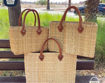 Handmade Woven Moroccan Market Basket with Leather Handles