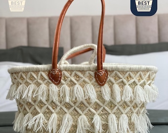 Handmade Straw Tote Bag: Moroccan Market Basket with Leather Handles