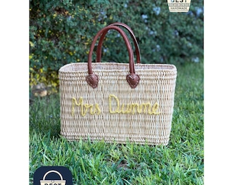 Handmade Woven Moroccan Market Basket with Leather Handles