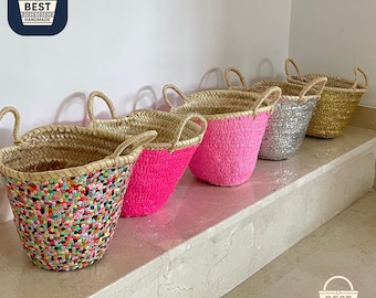 Personalized Moroccan Sequin Straw Basket: Embroidered Beach Tote, Bridal Shower Bag