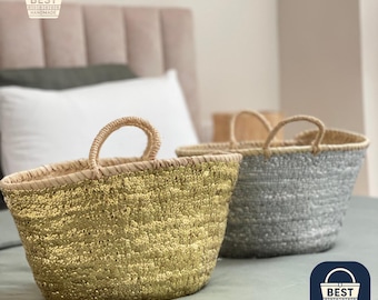 Sequin Moroccan Straw Basket: Boho Decorative Storage, Handmade