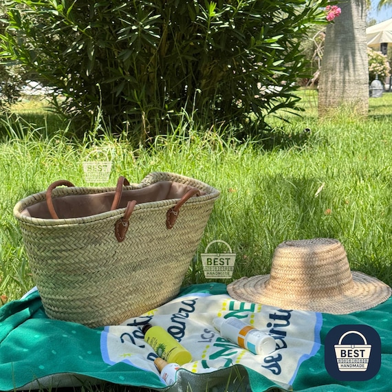 Large French Market Basket: Handwoven Moroccan Straw Tote