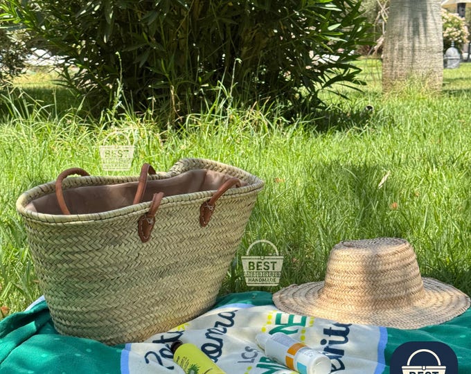 Large French Market Basket: Handwoven Moroccan Straw Tote