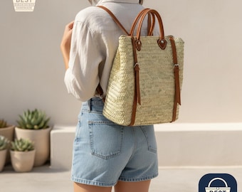 Handgemaakte Marokkaanse strorugzak: leren riemen, boho-strandtas