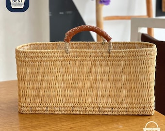 Handmade Woven Moroccan Market Basket with Leather Handles
