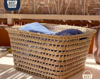 ラフィア編み収納バスケット：ボヘミアン風トライバルホーム