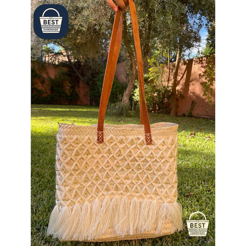 Handwoven Moroccan Straw Tote Bag, Boho Fringe Beach Bag With Leather ...