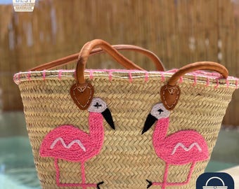 Broderad rosa flamingo-halmväska – Handgjord strandväska