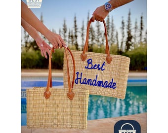 Handmade Woven Moroccan Market Basket with Leather Handles