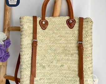 Handgemaakte Marokkaanse strorugzak: leren riemen boho-strandtas