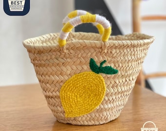 Handmade Lemon Embroidered Straw Bag: Moroccan Woven Tote