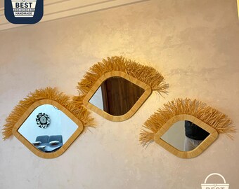 Handmade Moroccan Raffia Wall Mirror, Boho Home Decor