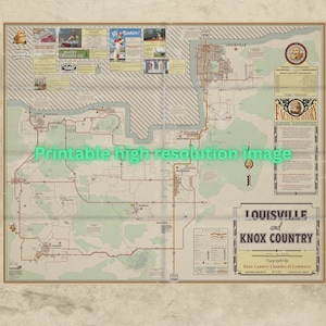 以下が含まれることがあります： ルイビルとノックス郡のヴィンテージマップ。ベージュの背景に赤い道路網が描かれています。地図には広告と「Printable high resolution image」の文字が含まれています。