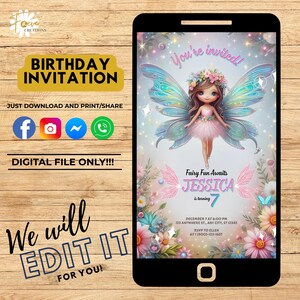 Fairy video invite enchanted birthday editable magical girl party digital printable invitation canva template