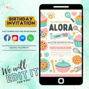Baking party video invite baking birthday invitation cupcake decorating birthday editable kids chef template digital printable invitation