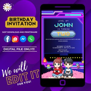 Video game birthday invite editable gamer boy party digital printable invitation canva template