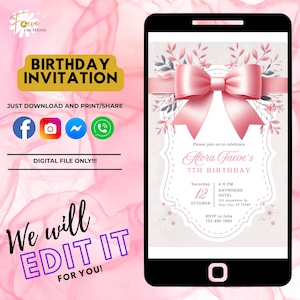 Pink Bow Birthday Video Invitation: Editable Girl&#39;s Party, Printable Template (Digital Download
