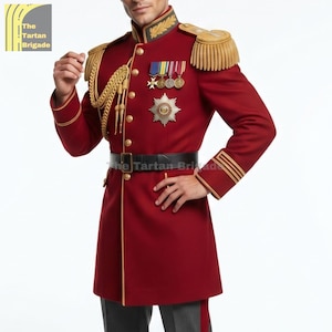Mens Red Military Jacket | Royal General Ceremonial Coat | Gold Epaulette Officer Tunic | Handmade Red Military coat