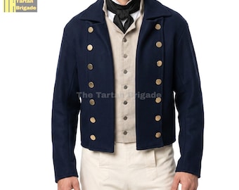 May include: A navy blue jacket with gold buttons, part of a historical costume. The jacket has a double-breasted design and a wide collar. The outfit includes a cream-colored vest, white shirt, and white pants. The text "The Tartan Brigade" is visible.