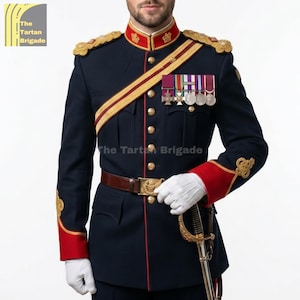 May include: Navy blue military jacket with red and gold accents. Features gold epaulets, a red collar, and gold buttons. Includes a brown belt with a gold buckle and several medals. The text "The Tartan Brigade" is visible.