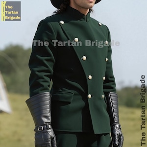 1930s Chauffeur Uniform – Green Wool Coat – Military-Style Hussar Regency Jacket for All Seasons