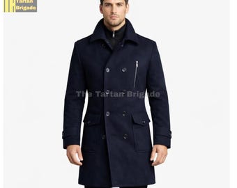 Mens Pea Coat Navy Blue | Double Breasted Long Wool Coat for Men | Winter Overcoat | Military Style | Gift for Him