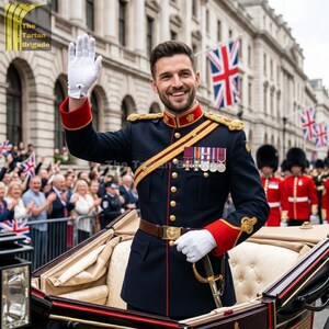 May include: A man in a navy blue military uniform with gold accents, red cuffs, and medals, waving from a horse-drawn carriage. He wears white gloves and a brown belt. The background includes a crowd, Union Jack flags, and buildings.