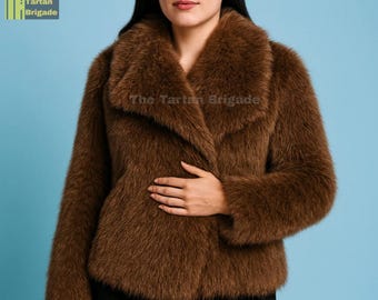 Faux Fur Coat Winter Jacket | Womens brown faux fur coat | Faux Fur Jacket | Vintage-Style Plush Winter Jacket | Oversized Outerwear