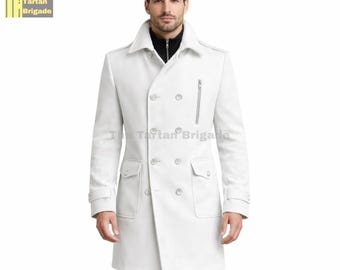 Mens White Pea Coat | Double Breasted Long Wool Overcoat for Men | White Winter Coat | Formal Style | Gift for Him