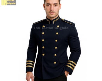 May include: Navy blue double-breasted jacket with gold buttons and trim. The jacket features gold stripes on the sleeves and the text "The Tartan Brigade". A formal, military-inspired garment.