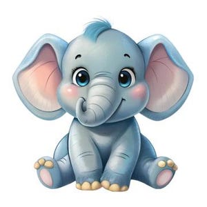 May include: A cute cartoon illustration of a light blue baby elephant with pink ears and blue eyes. The elephant is sitting with its legs crossed and has a small, curled trunk.